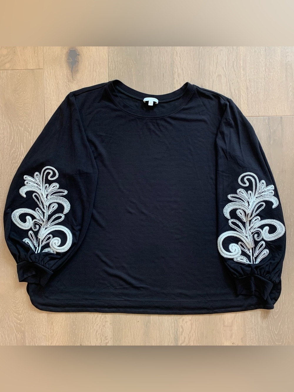 Laura Plus 3X Black Long-Sleeve Top with White Embroidered Sleeve Detail